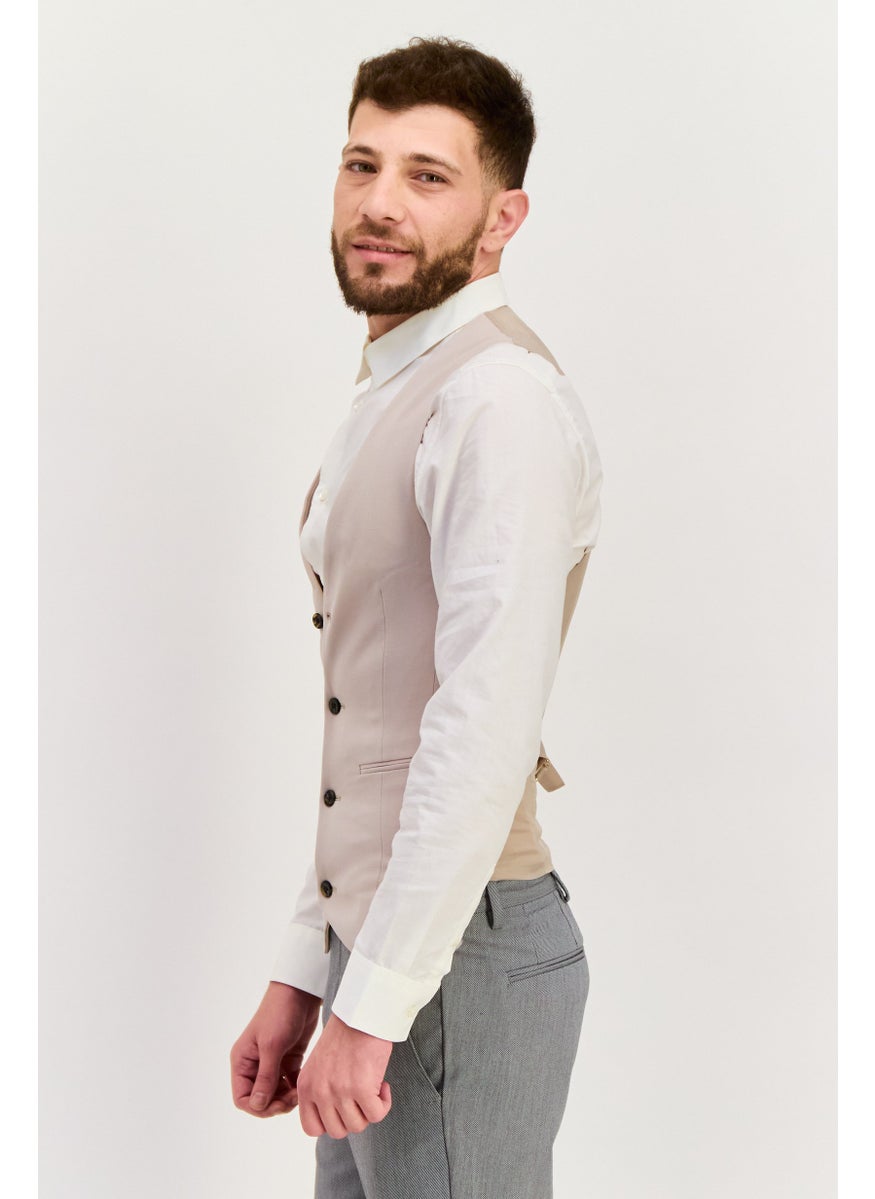 Men Skinny Fit Solid Waistcoat, Stone