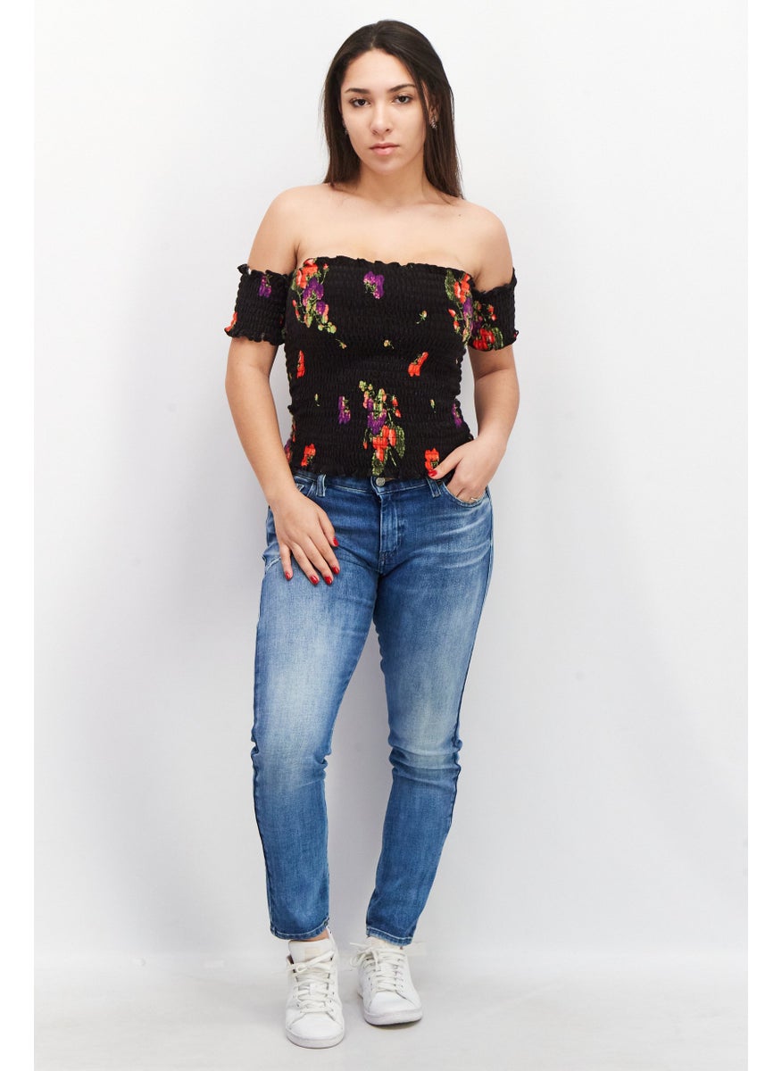 Women Straight Across Short Sleeve Textured Top, Black Combo