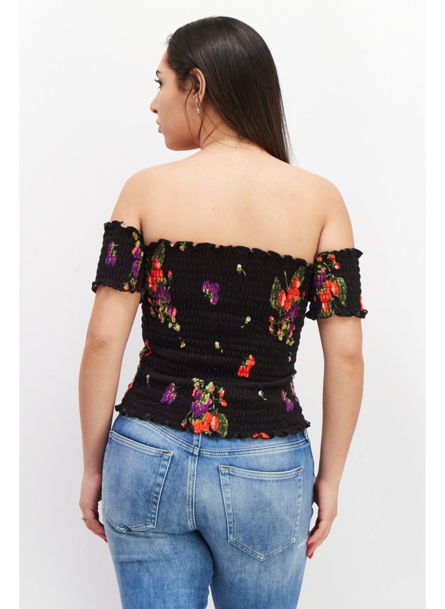 Women Straight Across Short Sleeve Textured Top, Black Combo