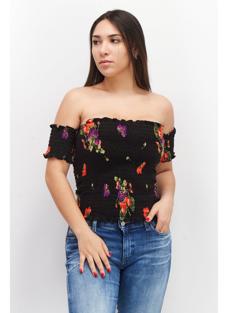 Women Straight Across Short Sleeve Textured Top, Black Combo