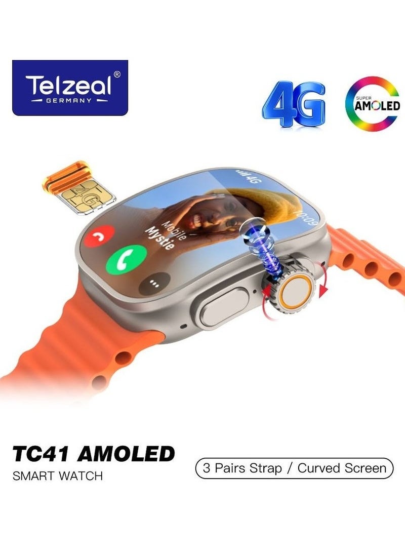 Smart Watch TC41 with 4G SIM Support – Full Touch Curved Display Smartwatch with GPS, Heart Rate Monitor, Fitness Tracker, Bluetooth Call, Camera, WiFi, Android Compatible, Stylish Sport Watch for Men & Women – Long Battery Life