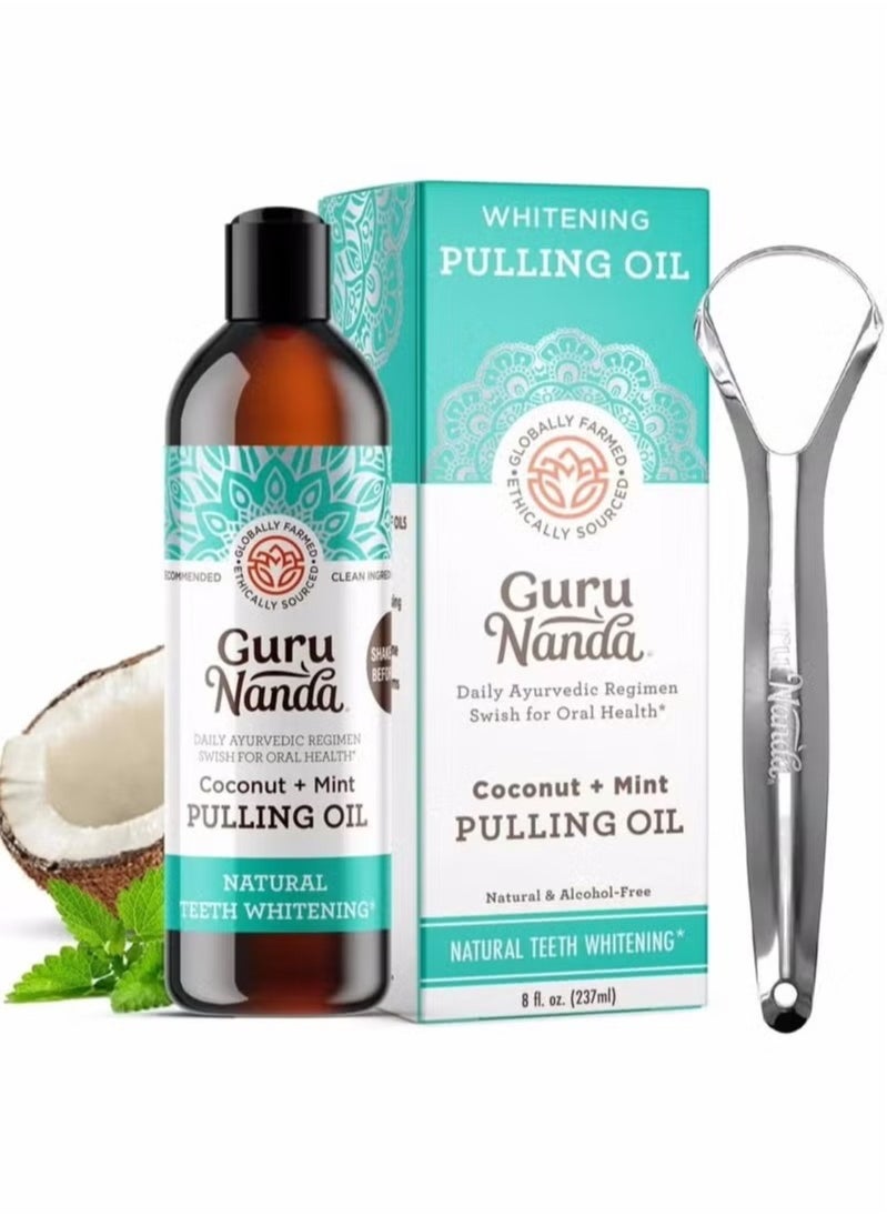GuruNanda Oil Pulling Mouthwash with Coconut & Peppermint Oil (8 fl oz) – Natural, Alcohol-Free Oral Rinse with Tongue Scraper for Fresh Breath, Teeth Whitening & Gum Health
