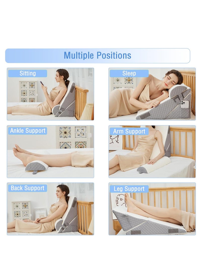 10-in-1 Adjustable Folding Bed Wedge Pillow, Memory Foam Sleeping Support Pillow, Back Support Pillow, Reading Pillow, Footrest Cushion, Removable Triangle Pillow with Headrest