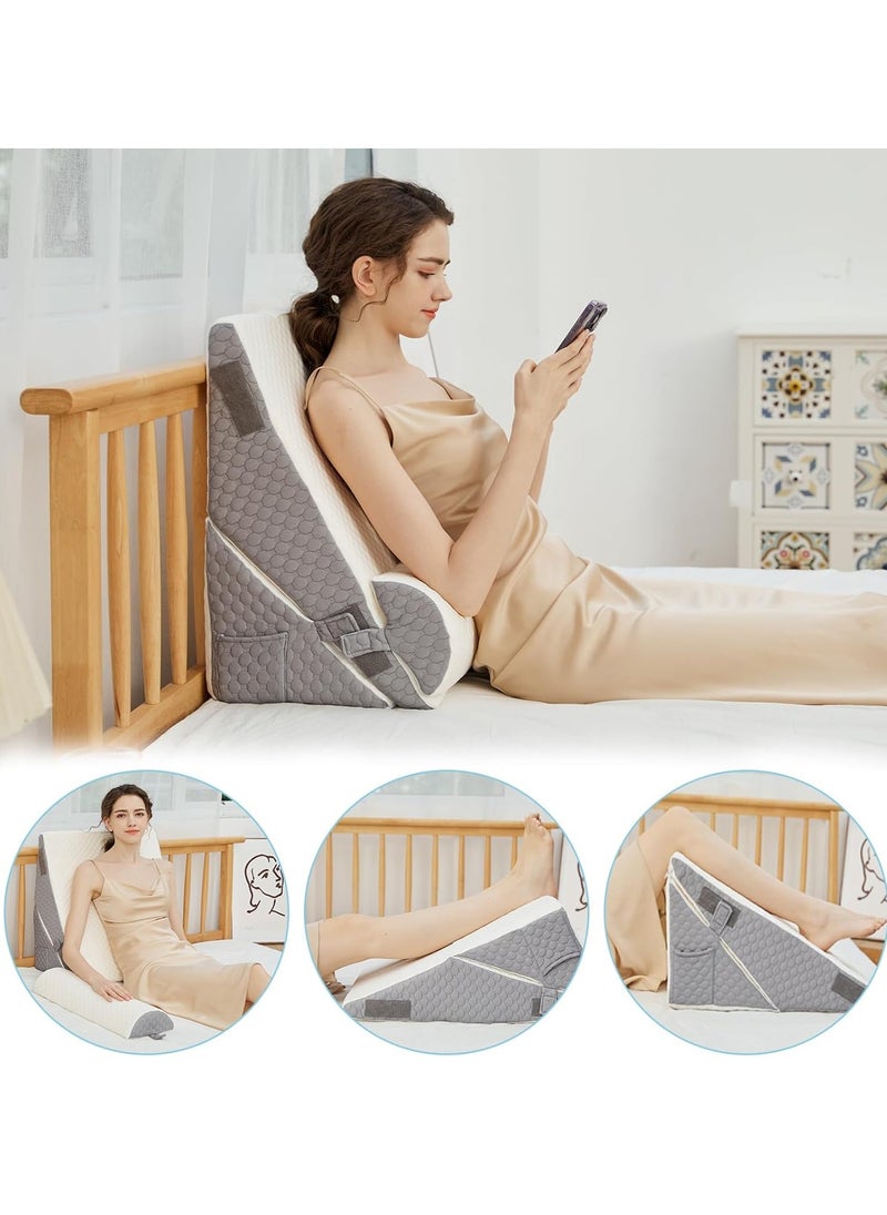 10-in-1 Adjustable Folding Bed Wedge Pillow, Memory Foam Sleeping Support Pillow, Back Support Pillow, Reading Pillow, Footrest Cushion, Removable Triangle Pillow with Headrest