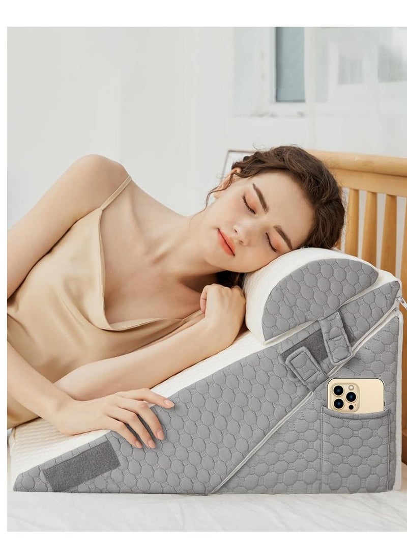 10-in-1 Adjustable Folding Bed Wedge Pillow, Memory Foam Sleeping Support Pillow, Back Support Pillow, Reading Pillow, Footrest Cushion, Removable Triangle Pillow with Headrest