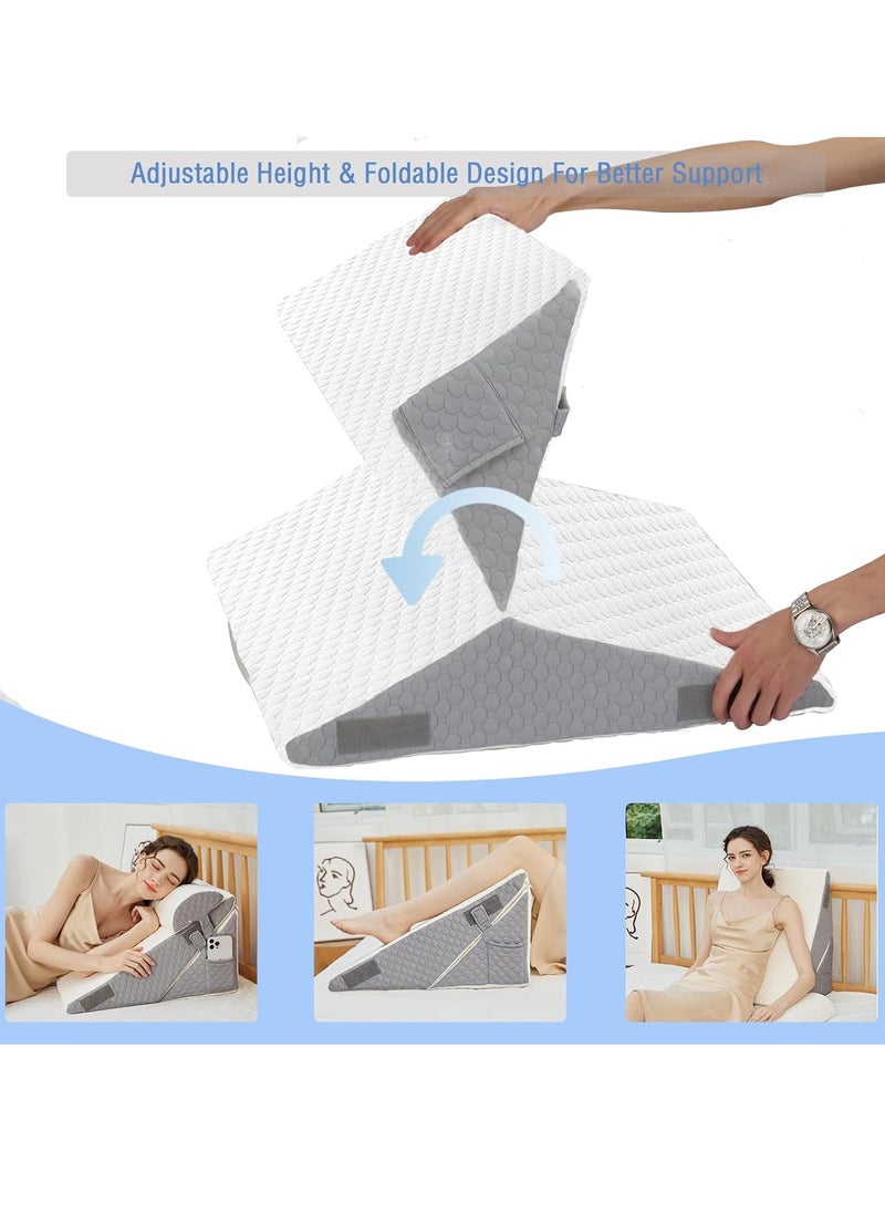 10-in-1 Adjustable Folding Bed Wedge Pillow, Memory Foam Sleeping Support Pillow, Back Support Pillow, Reading Pillow, Footrest Cushion, Removable Triangle Pillow with Headrest
