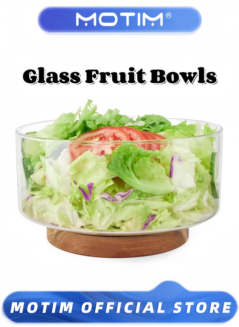 Glass Fruit Plate Serving Bowls Party Salad Bowls with Acacia Wood Base and Serving Utensils for Fruits & Popcorn & Chips & Pasta