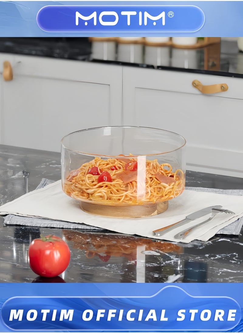 Glass Fruit Plate Serving Bowls Party Salad Bowls with Acacia Wood Base and Serving Utensils for Fruits & Popcorn & Chips & Pasta