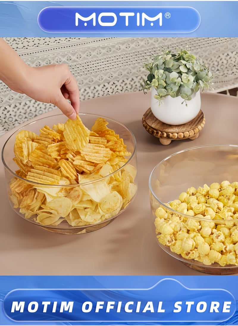 Glass Fruit Plate Serving Bowls Party Salad Bowls with Acacia Wood Base and Serving Utensils for Fruits & Popcorn & Chips & Pasta