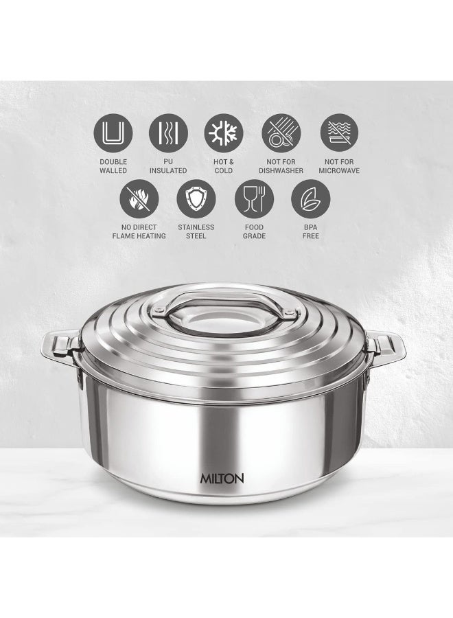 Galaxia 3500 Insulated Stainless Steel Casserole, 3300 ml | 111 oz| 3.5 qt. Thermal Serving Bowl, Keeps Food Hot & Cold for Long Hours, Elegant Hot Pot Food Warmer Cooler, Silver Silver