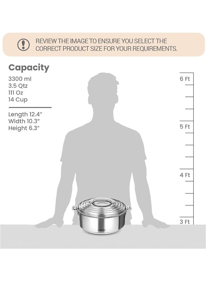 Galaxia 3500 Insulated Stainless Steel Casserole, 3300 ml | 111 oz| 3.5 qt. Thermal Serving Bowl, Keeps Food Hot & Cold for Long Hours, Elegant Hot Pot Food Warmer Cooler, Silver Silver