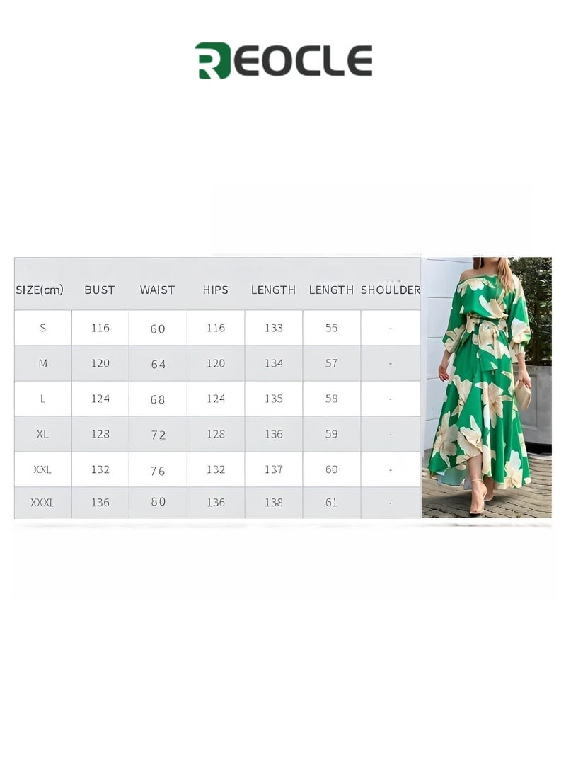 Dress Spring and Summer Women's Elegant Commuting Printed Lantern Sleeve Dress Off-Shoulder Design Waist Design Irregular Skirt
