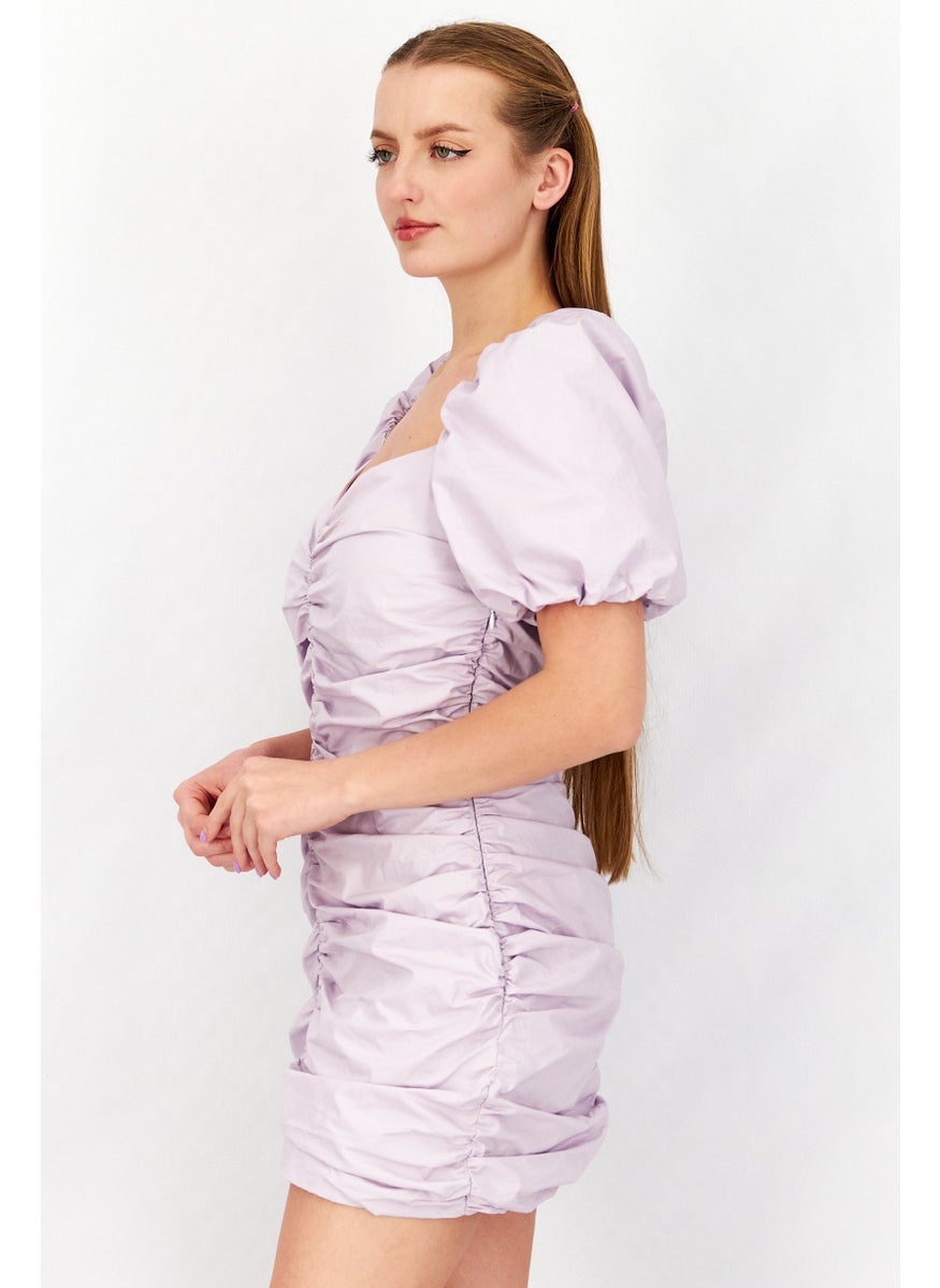Women Diamond Neck Puffed Sleeve Ruched Mini Dress, Lilac