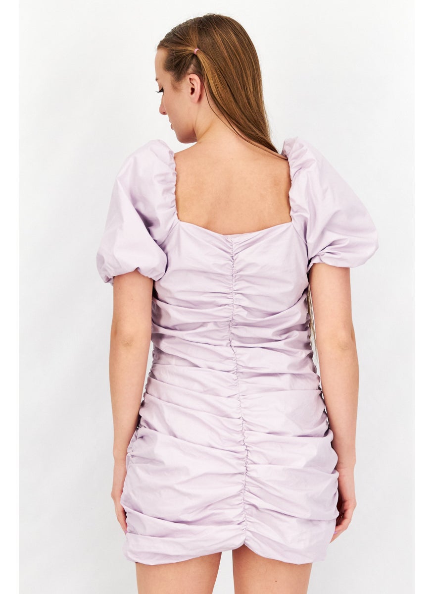 Women Diamond Neck Puffed Sleeve Ruched Mini Dress, Lilac