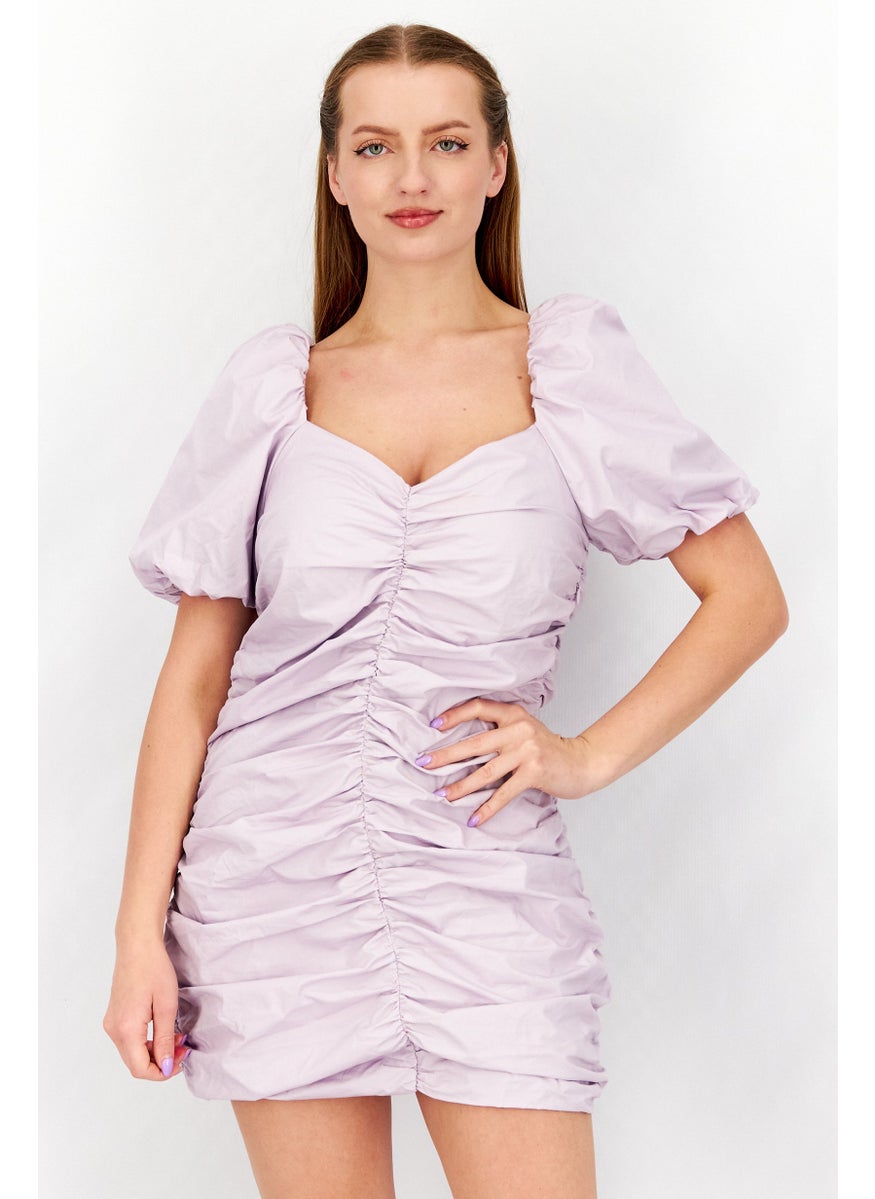 Women Diamond Neck Puffed Sleeve Ruched Mini Dress, Lilac