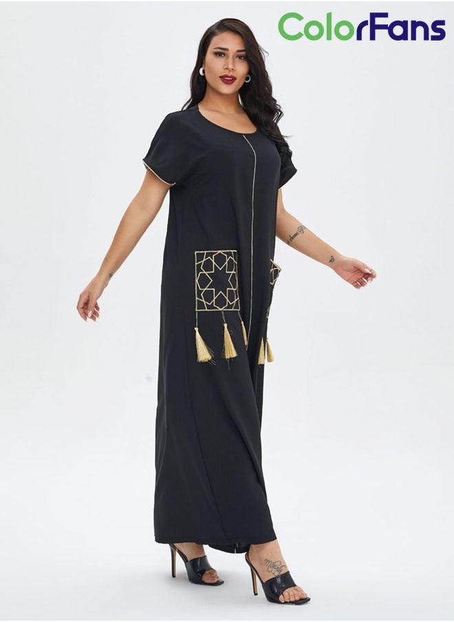Summer Dress for Women 2023 Muslim Fashion Casual Short Sleeves Maxi Dresses Black