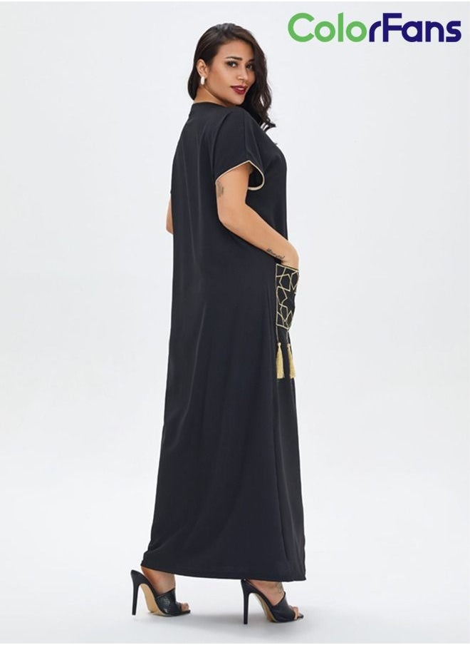 Summer Dress for Women 2023 Muslim Fashion Casual Short Sleeves Maxi Dresses Black