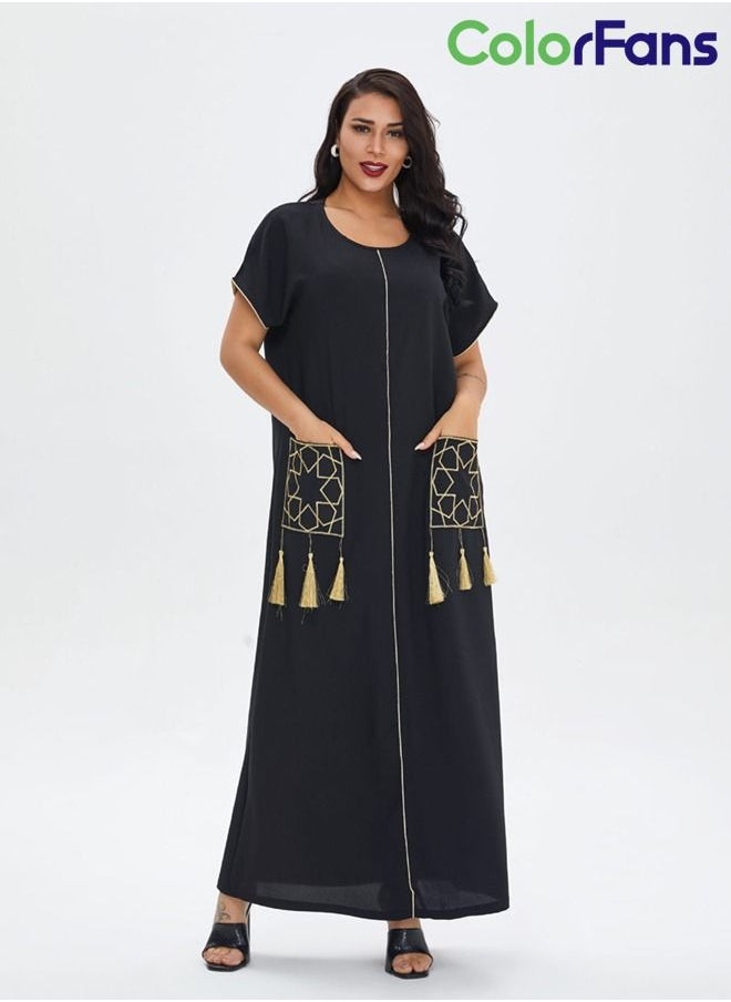 Summer Dress for Women 2023 Muslim Fashion Casual Short Sleeves Maxi Dresses Black