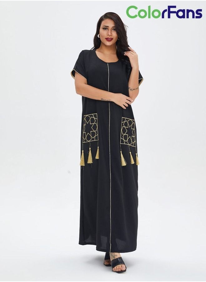 Summer Dress for Women 2023 Muslim Fashion Casual Short Sleeves Maxi Dresses Black