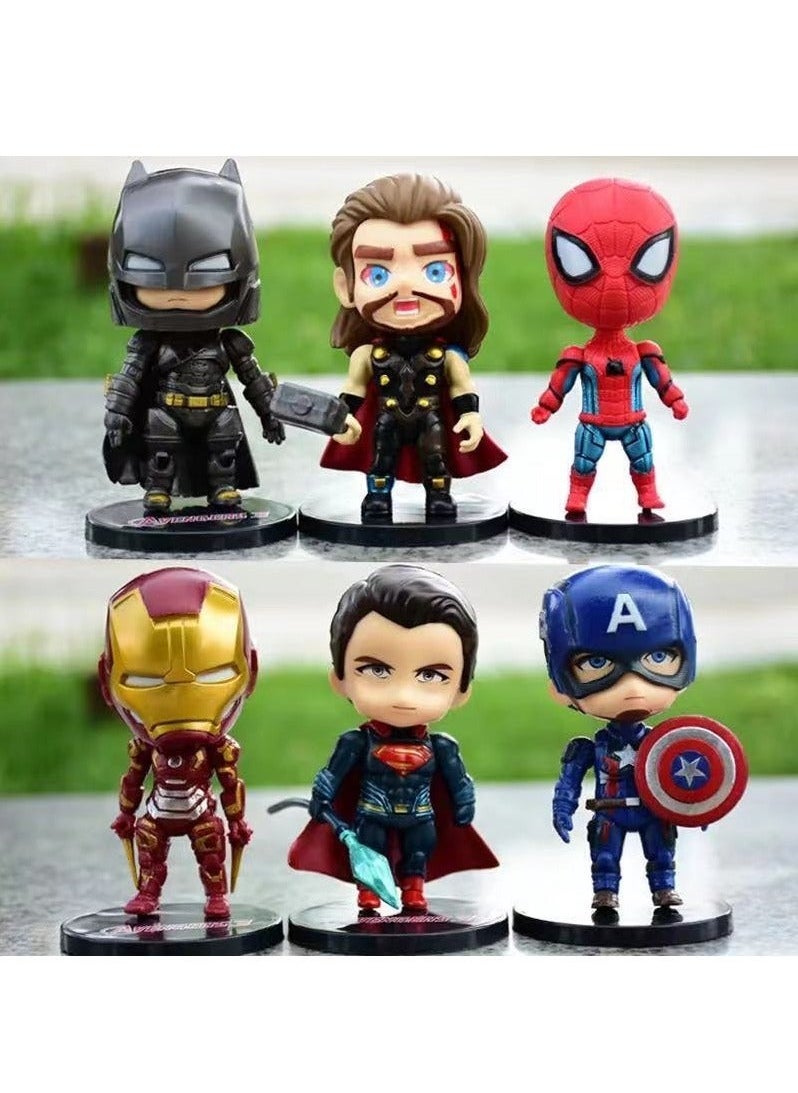 6-piece Marvel and DC action figure set, Avengers, Captain America, Iron Man, Thor, Spider-Man, Batman, Superman action figures, anime character collection set suitable for car and table