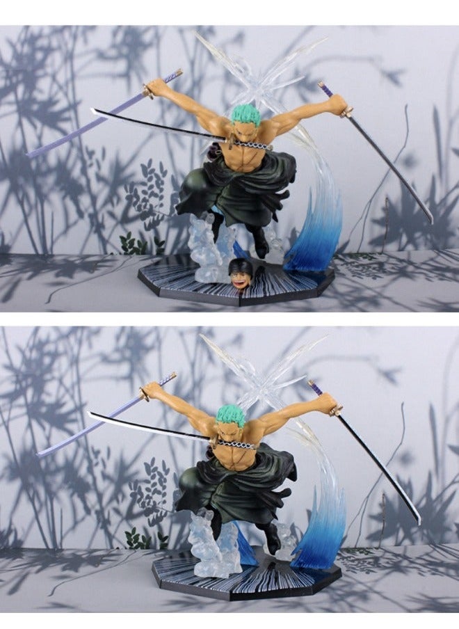 Anime One Piece Roronoa Zoro Action Figure, Three Swords Zoro Model Figure Statue, PVC Character Model Toys, Collection Gift Creative Cartoon Toy for Boys and Girls 18 CM（2 Head Models）