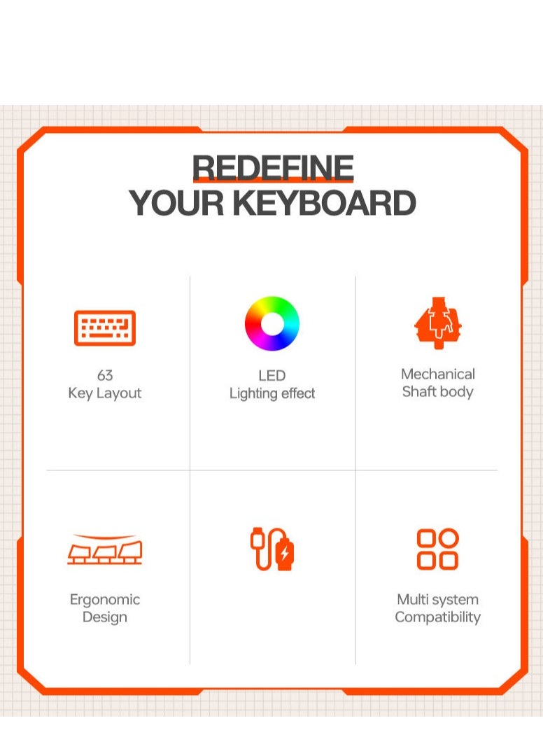 63 Keys Mechanical Gaming Keyboard ,75% Mini Wired Waterproof Backlit Silent Color RGB Light Effect ,Suitable for PC/Ps4/Xbox Gamers