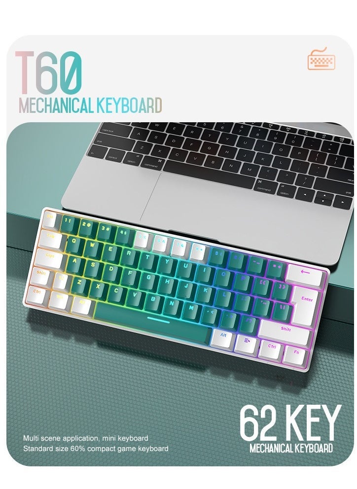 62 Keys Colorful Lights Switch Mechanical Gaming Keyboard 75% Mini Wired Waterproof Backlit Silent White RGB Color Suitable for PC/Ps4/Xbox Gamers