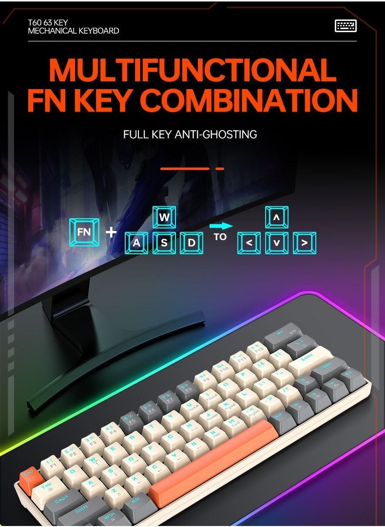 63 Keys Mechanical Gaming Keyboard ,75% Mini Wired Waterproof Backlit Silent Color RGB Light Effect ,Suitable for PC/Ps4/Xbox Gamers