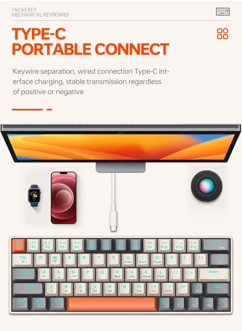 63 Keys Mechanical Gaming Keyboard ,75% Mini Wired Waterproof Backlit Silent Color RGB Light Effect ,Suitable for PC/Ps4/Xbox Gamers