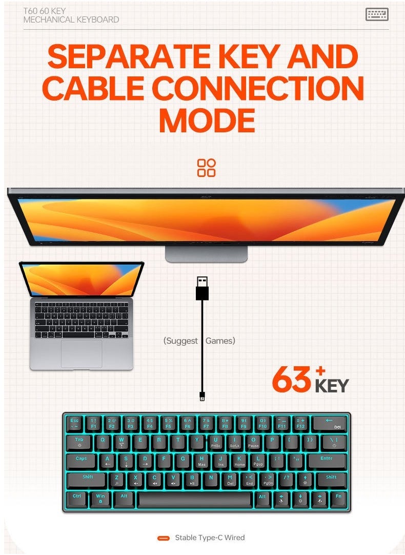 63 Keys Mechanical Gaming Keyboard ,75% Mini Wired Waterproof Backlit Silent Color RGB Light Effect ,Suitable for PC/Ps4/Xbox Gamers