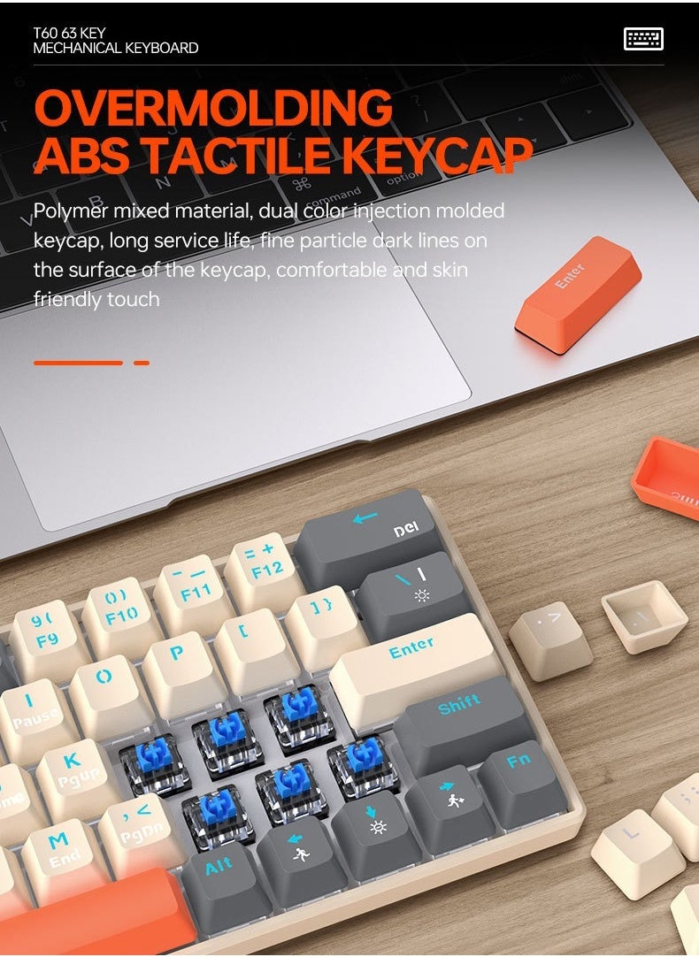 63 Keys Mechanical Gaming Keyboard ,75% Mini Wired Waterproof Backlit Silent Color RGB Light Effect ,Suitable for PC/Ps4/Xbox Gamers