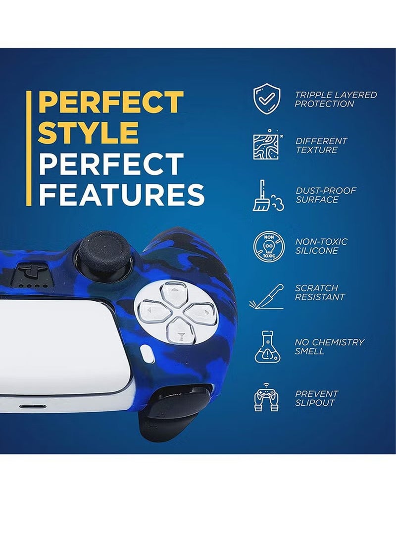 Silicone Shell Accessories For Sony 5 PS5 Wireless Controller Handles With Non Slip Silicone Dust Protection Cover, PS5 Handle Shell x 2, With Thumb Handle x 10 (Red Camouflage+Blue)