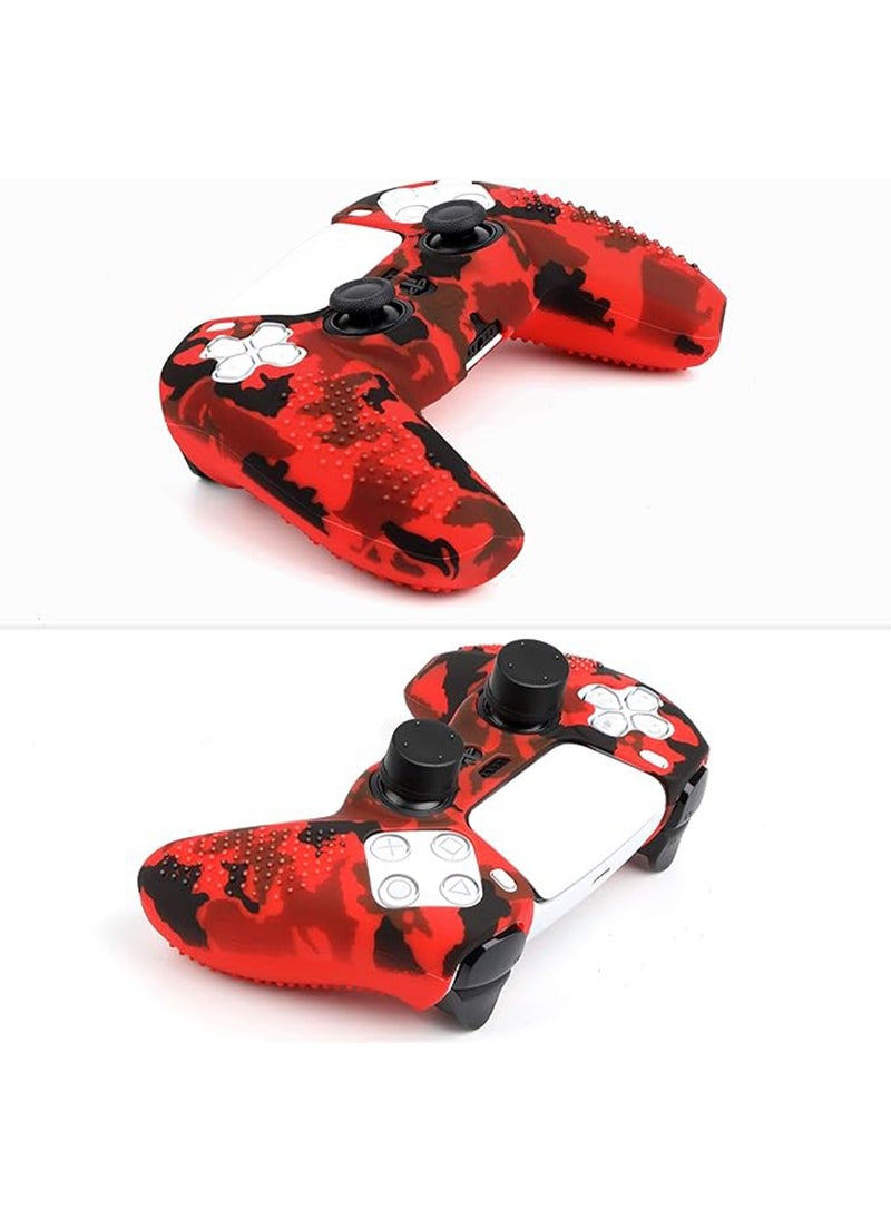 Silicone Shell Accessories For Sony 5 PS5 Wireless Controller Handles With Non Slip Silicone Dust Protection Cover, PS5 Handle Shell x 2, With Thumb Handle x 10 (Red Camouflage+Blue)