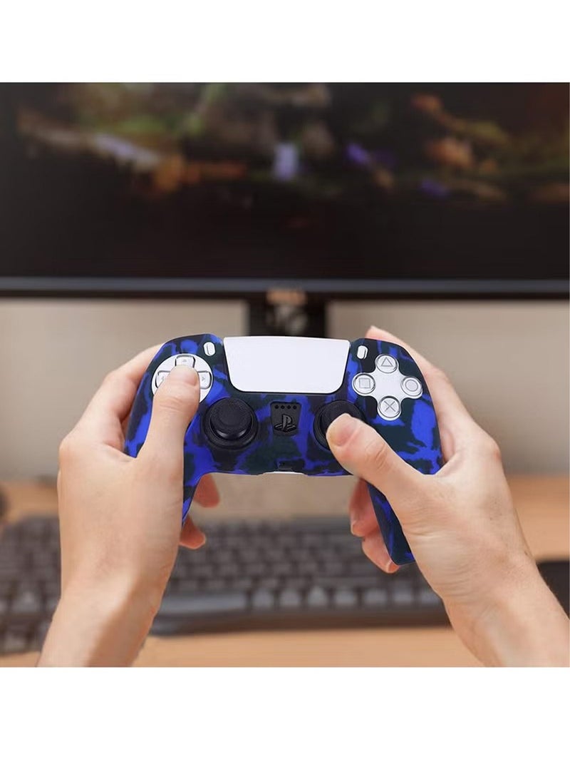 Silicone Shell Accessories For Sony 5 PS5 Wireless Controller Handles With Non Slip Silicone Dust Protection Cover, PS5 Handle Shell x 2, With Thumb Handle x 10 (Red Camouflage+Blue)