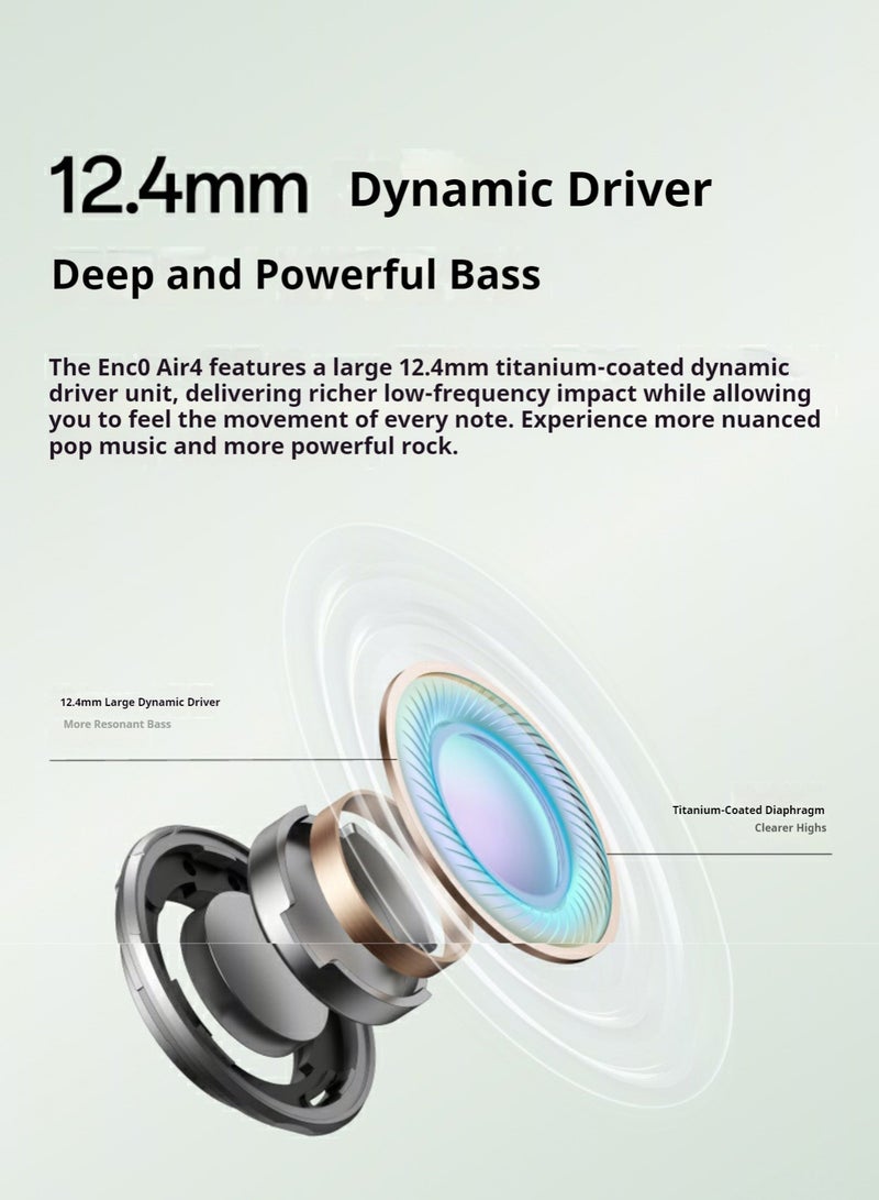 Enco Air4 True Wireless Earbuds - Bluetooth 5.4, 12.4mm Dynamic Driver, Active Noise Cancellation, 43H Battery Life, IP55 Waterproof, Dual Microphone Noise Reduction, Touch Control, Quick Pairing, Dual Device Connection Green