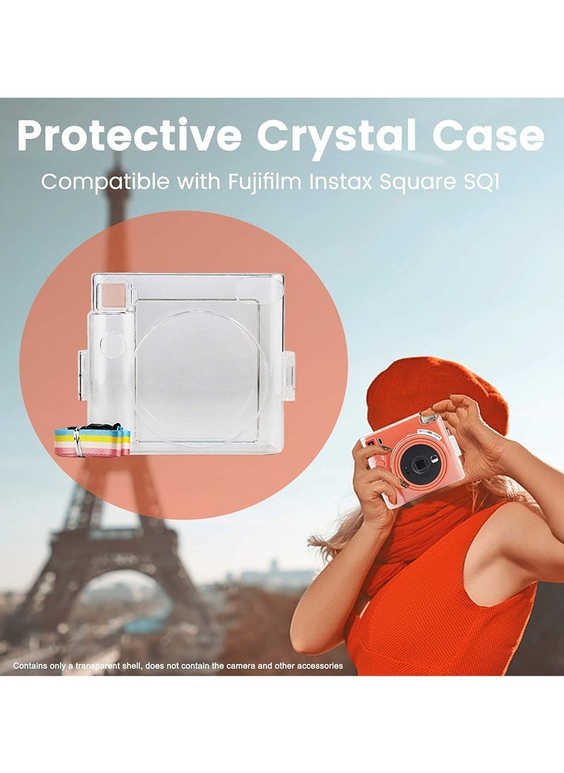 Protective Clear Case for Fujifilm Instax Square SQ1 Instant Film Camera, Crystal Hard PC Cover for Instax Square SQ1 with Removable Rainbow Shoulder Strap (Transparent)