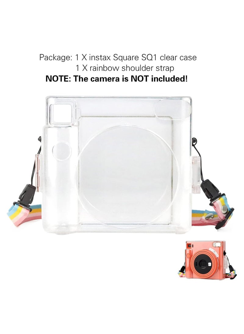 Protective Clear Case for Fujifilm Instax Square SQ1 Instant Film Camera, Crystal Hard PC Cover for Instax Square SQ1 with Removable Rainbow Shoulder Strap (Transparent)