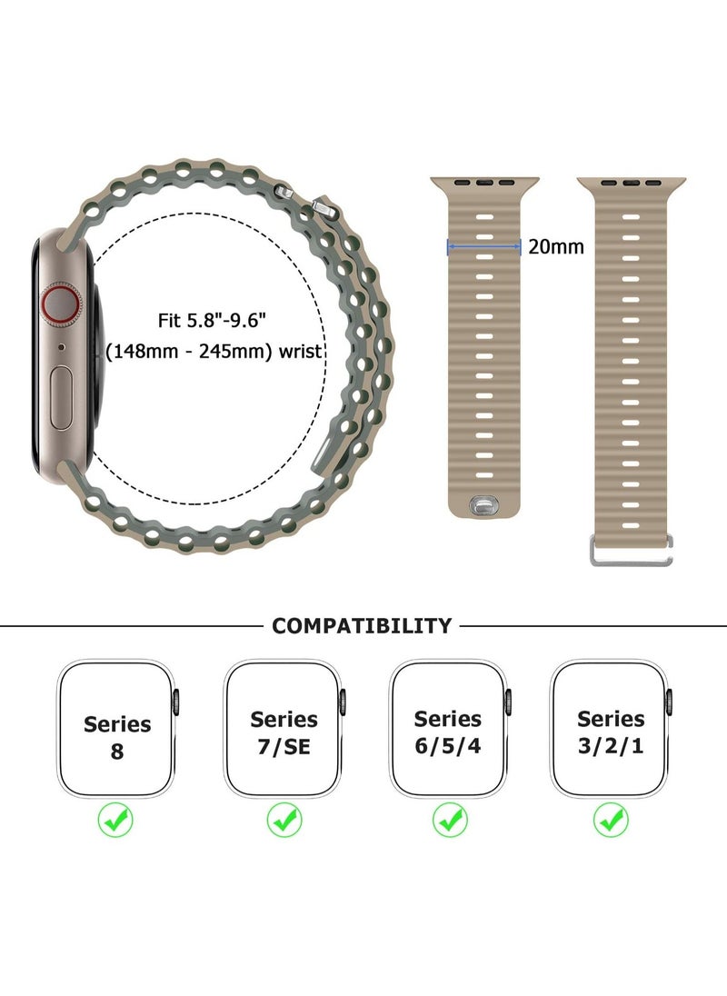 Soft Silicone Ocean Sports Strap Compatible Apple Watch 41mm 40mm 38mm for Men Women, Adjustible Watch Band for Apple Watch SE/Series 9/8/7/6/5/4/3/2/1 - Khaki/Gray Green