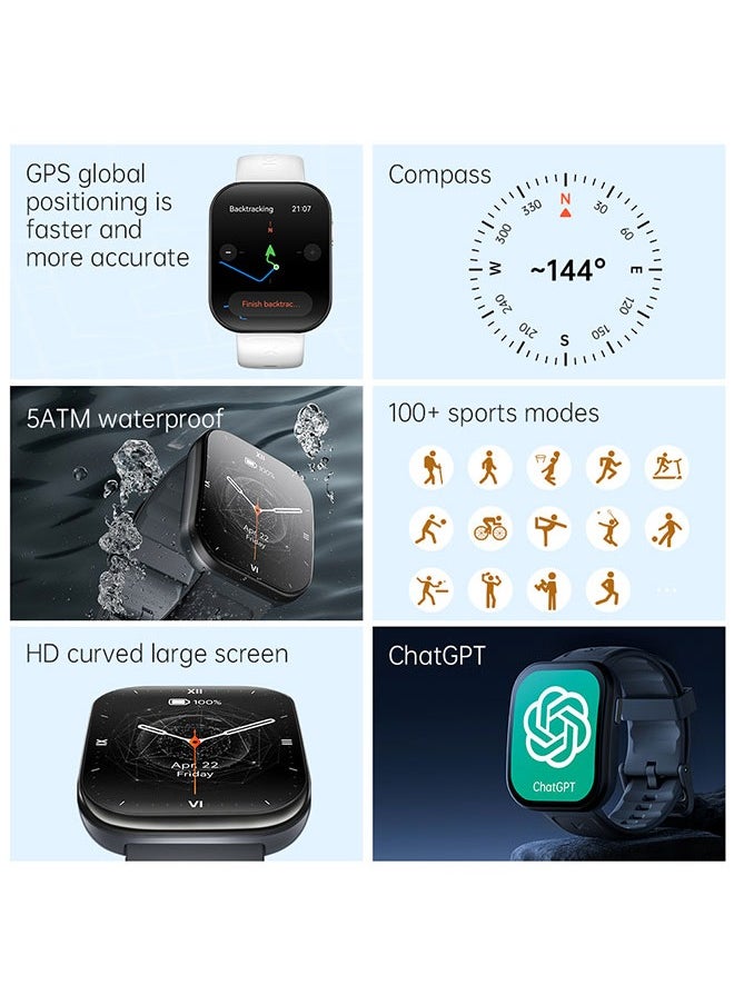 KUMI U6 Smart Sports Watch AMOLED Display 100 Sports Detection Aids Sleep Detection Motion Track Recording Waterproof AI Voice Bracelet Black