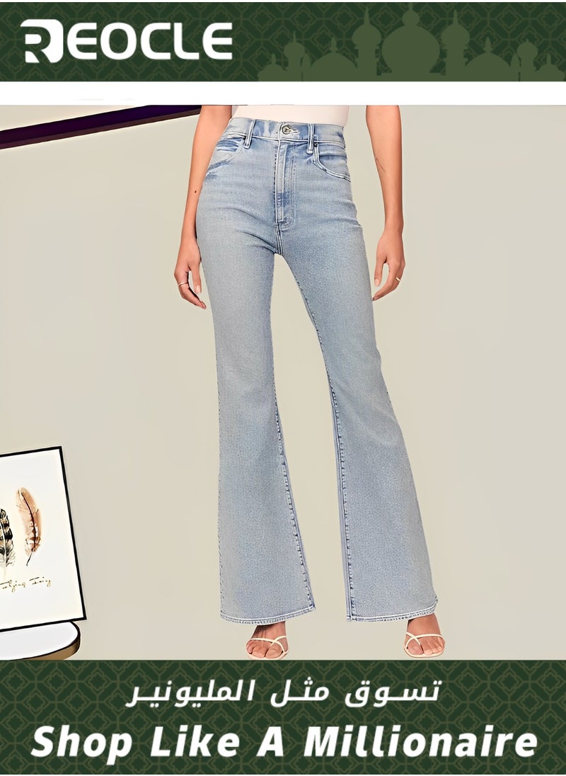 Women's Jeans Wide Leg Jeans Mid Waisted Straight Leg Loose Stretchy Lightweight Tummy Control Trendy Jeans