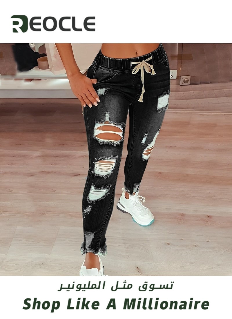 Women's High Waisted Ripped Jeans Cut Out Destroyed Frayed Tassels Distressed Denim Pants Lightweight Trendy Jeans