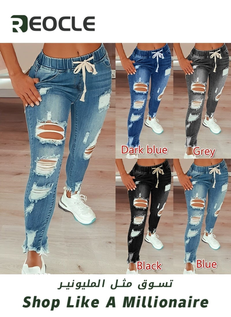 Women's High Waisted Ripped Jeans Cut Out Destroyed Frayed Tassels Distressed Denim Pants Lightweight Trendy Jeans