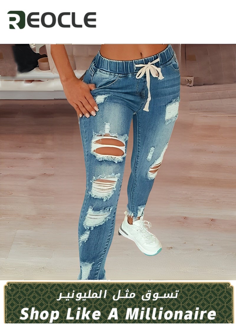 Women's High Waisted Ripped Jeans Cut Out Destroyed Frayed Tassels Distressed Denim Pants Lightweight Trendy Jeans