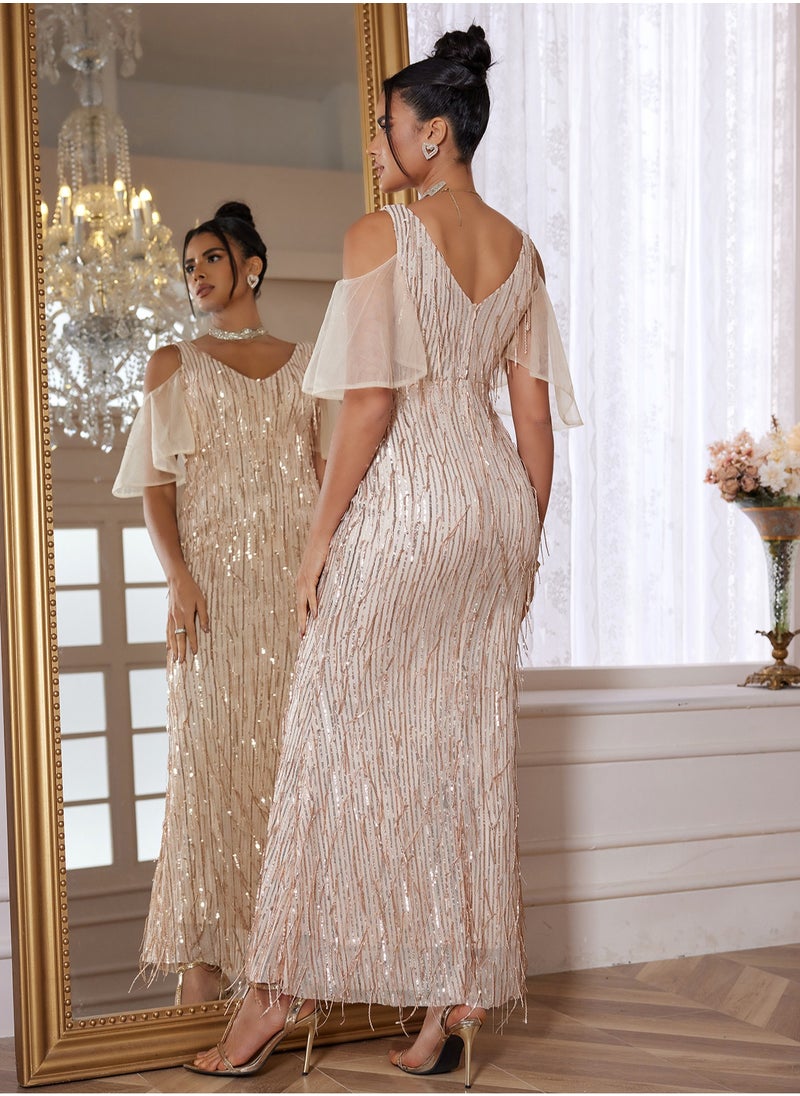 Women's  Long Mesh Sleeve Sparkly Maxi Dress V Neck High Slit Wrap Formal Gown Cocktail Glitter Maxi Long Dresses