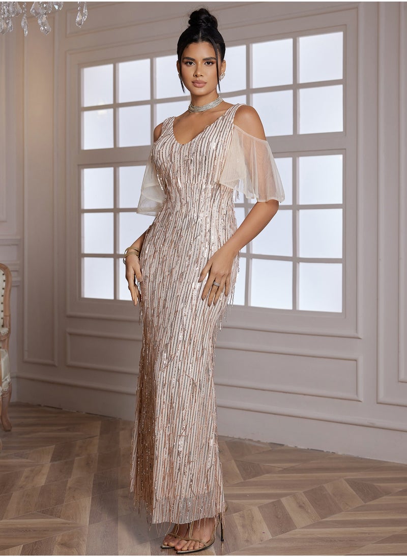 Women's  Long Mesh Sleeve Sparkly Maxi Dress V Neck High Slit Wrap Formal Gown Cocktail Glitter Maxi Long Dresses
