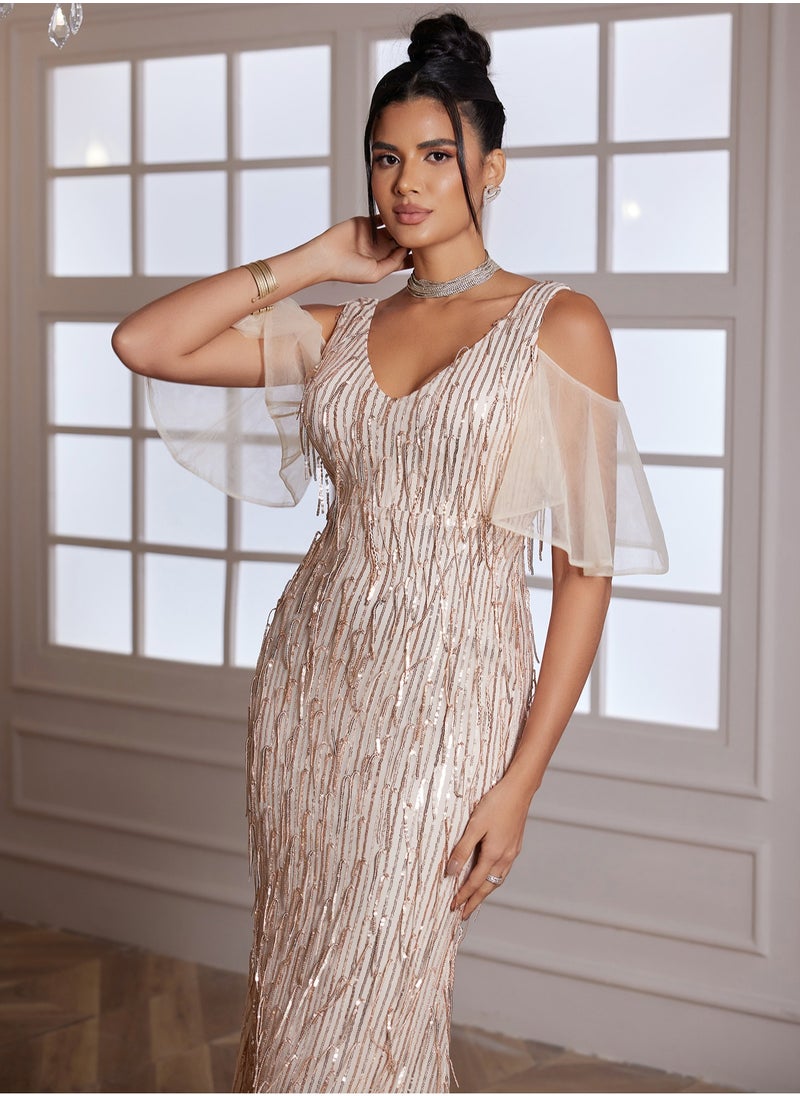 Women's  Long Mesh Sleeve Sparkly Maxi Dress V Neck High Slit Wrap Formal Gown Cocktail Glitter Maxi Long Dresses