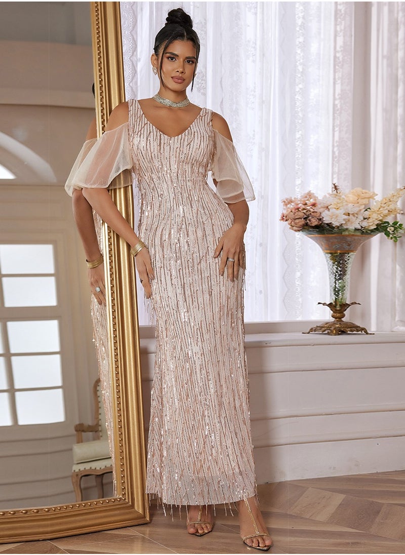 Women's  Long Mesh Sleeve Sparkly Maxi Dress V Neck High Slit Wrap Formal Gown Cocktail Glitter Maxi Long Dresses