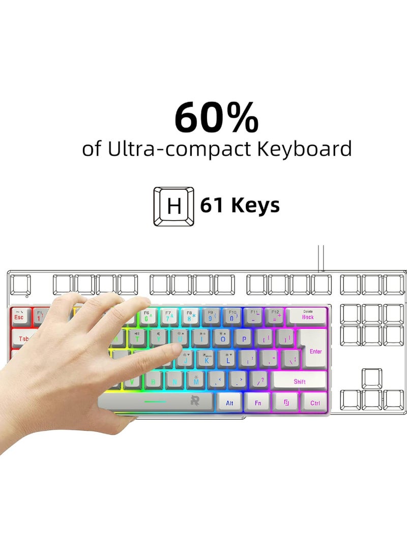 Arabic English 60% Wired Gaming Keyboard RGB Backlit Mini Keyboard Waterproof Small Ultra-Compact 61 Keys Keyboard for PC/Mac Gamer Typist Travel Easy to Carry on Business Trip