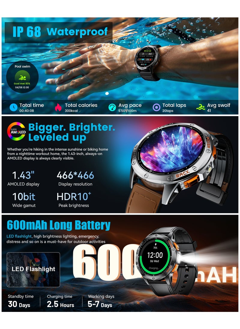 GPS Military Smart Watch for Men, LED Flashlight/Compass/45 Days Battery/IP68 Waterproof 1.43'' AMOLED Smartwatch, 100+ Sports Modes Fitness Tracker, Rugged Smart Watches for Android iOS