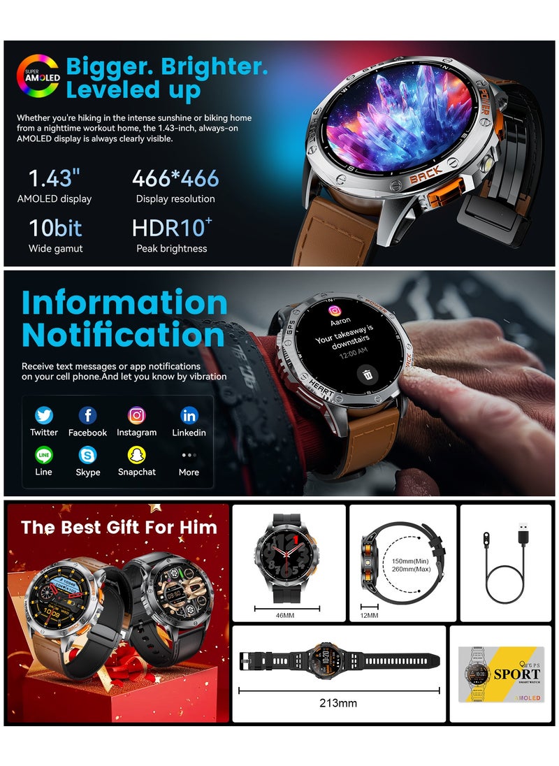 GPS Military Smart Watch for Men, LED Flashlight/Compass/45 Days Battery/IP68 Waterproof 1.43'' AMOLED Smartwatch, 100+ Sports Modes Fitness Tracker, Rugged Smart Watches for Android iOS